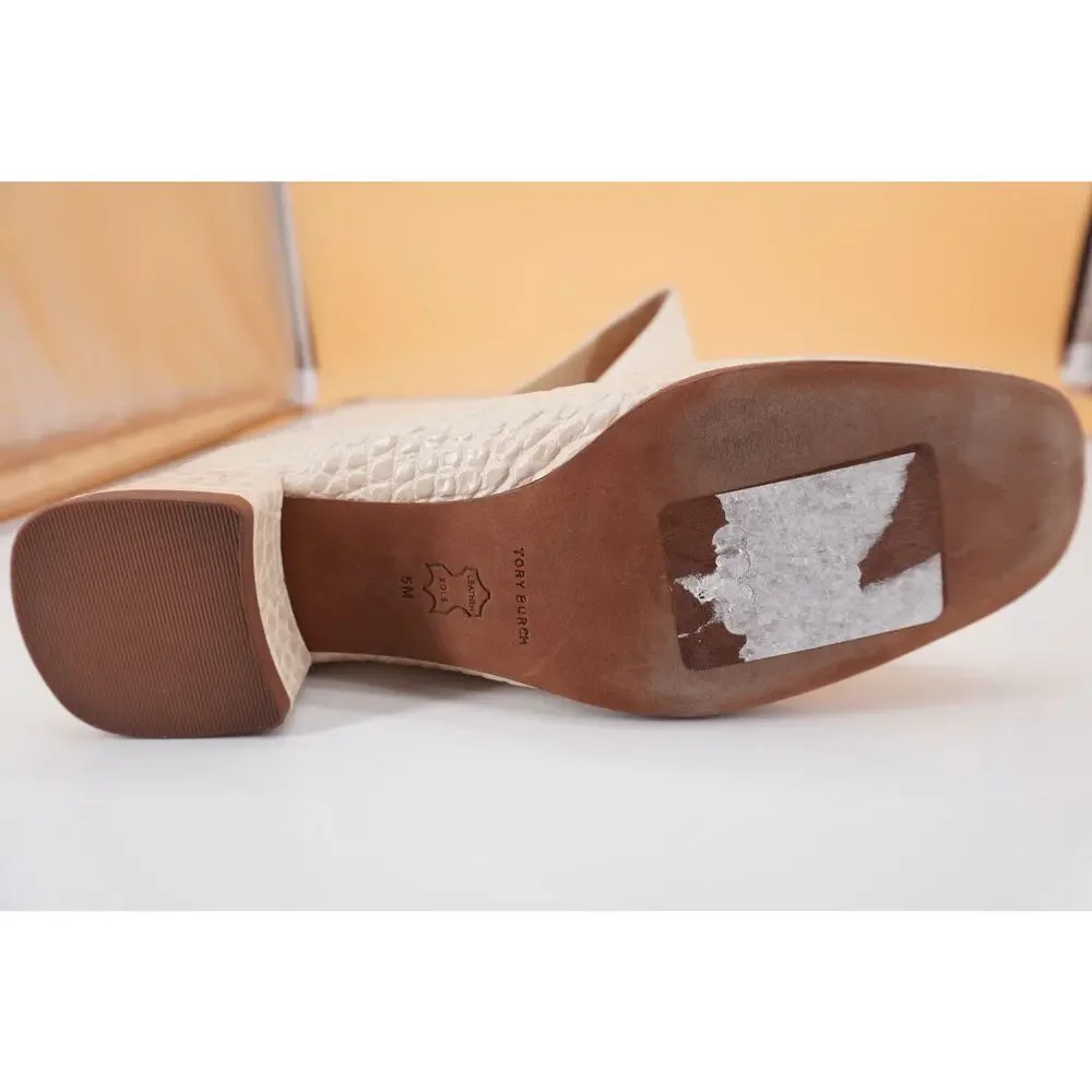 Tory Burch Georgia Square Toe Block Heel Pump SZ 5 New Cream Croc Leather Logo